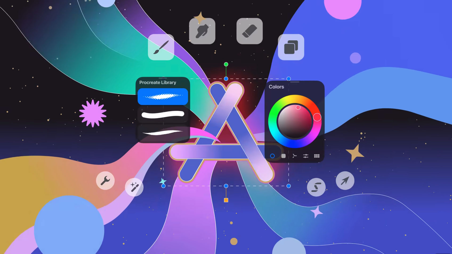 Colorful digital art interface showing a palette, brushes, and tools overlain on swirling multicolored shapes with the Apple App Store icon in the center, inspired by Psyop’s creative design style for Apple Japan. Frame from Stash Magazine article.