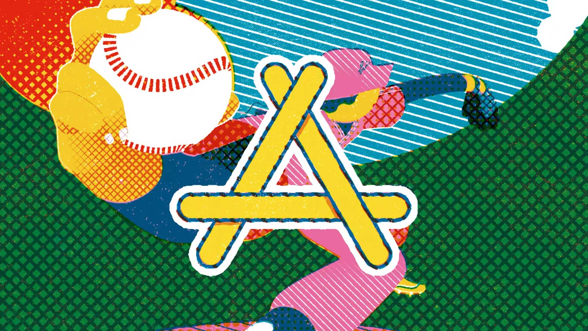 A colorful, abstract illustration of a baseball player swinging a bat at a baseball, with a large yellow and white capital A overlaid in the center. The background features dotted and diagonal line patterns, inspired by the bold style of Clint Chang. Frame from Stash Magazine article.