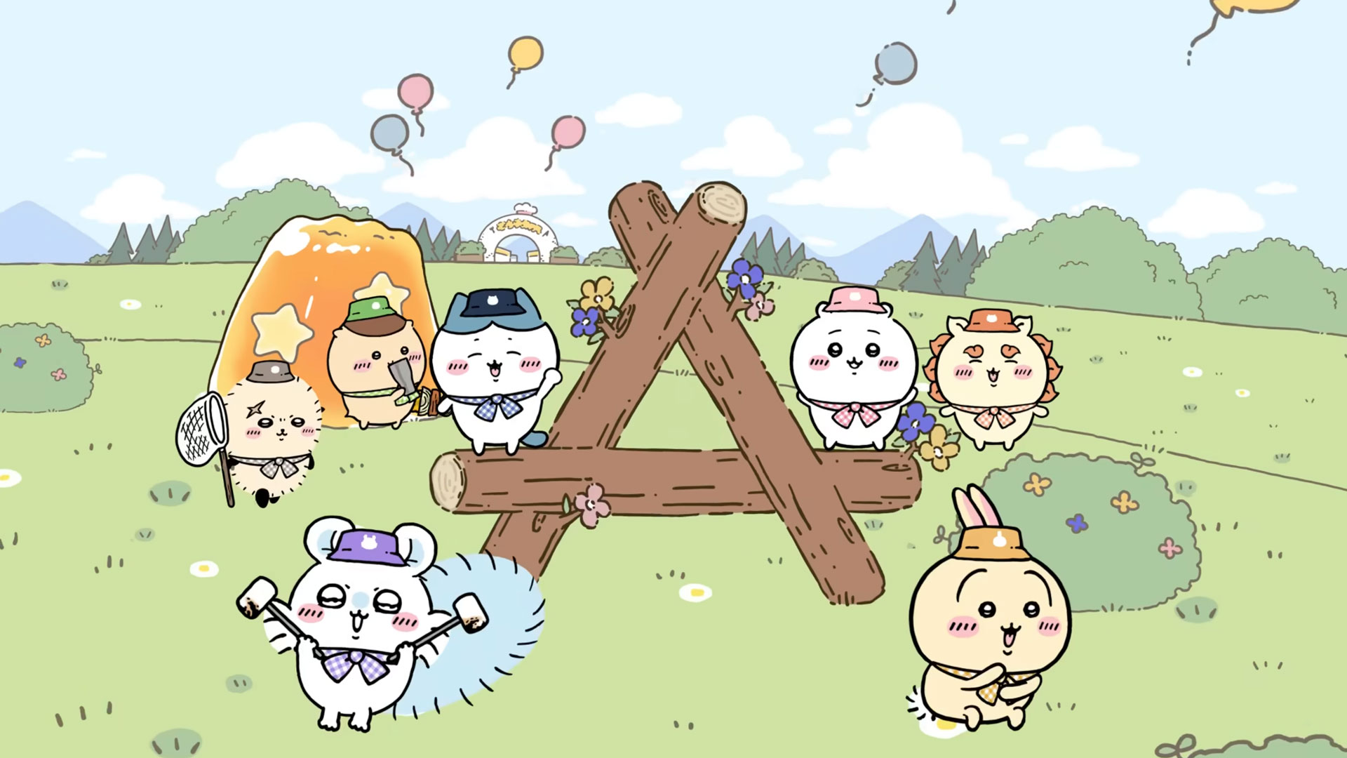 Cute cartoon animals in hats and scarves, inspired by Psyop’s playful style, set up a wooden camp in a sunny field with flowers, balloons, and a forest. Some work together while others play or watch happily. Frame from Stash Magazine article.