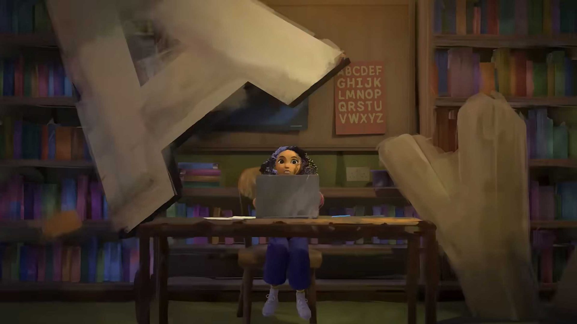 A young girl with dyslexia sits at a desk with a laptop, surrounded by oversized 3D letters in a colorful library imagined by Art&Graft and Kyra Bartley. Books line the shelves behind her, while an alphabet chart hangs on the wall. Frame from Stash Magazine article.