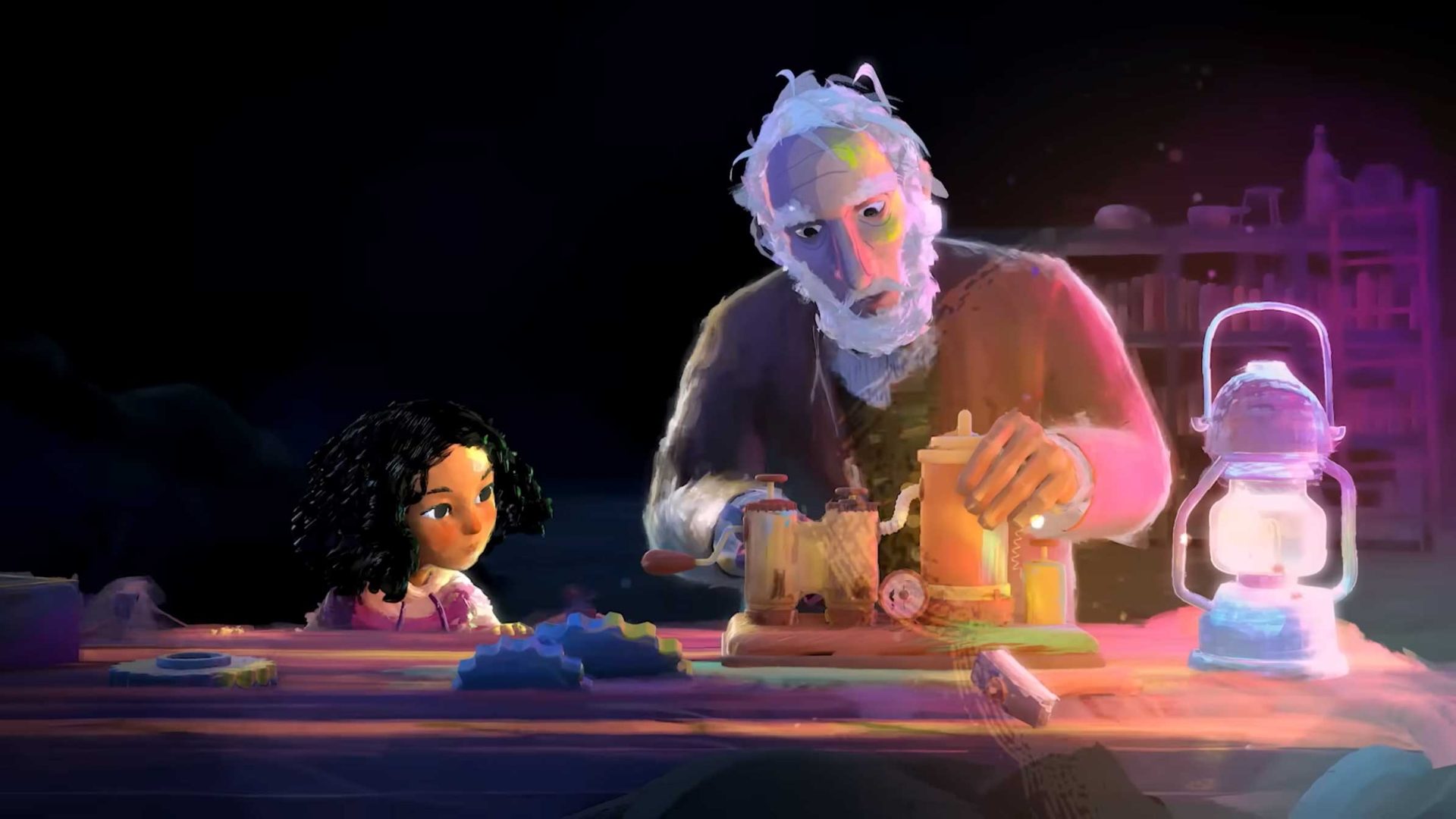 An elderly man and a young girl, inspired by Kyra Bartley’s dreamy style, sit at a table illuminated by soft, colorful light, working on wooden crafts together in an artistic scene filled with glowing and pastel tones. Frame from Stash Magazine article.