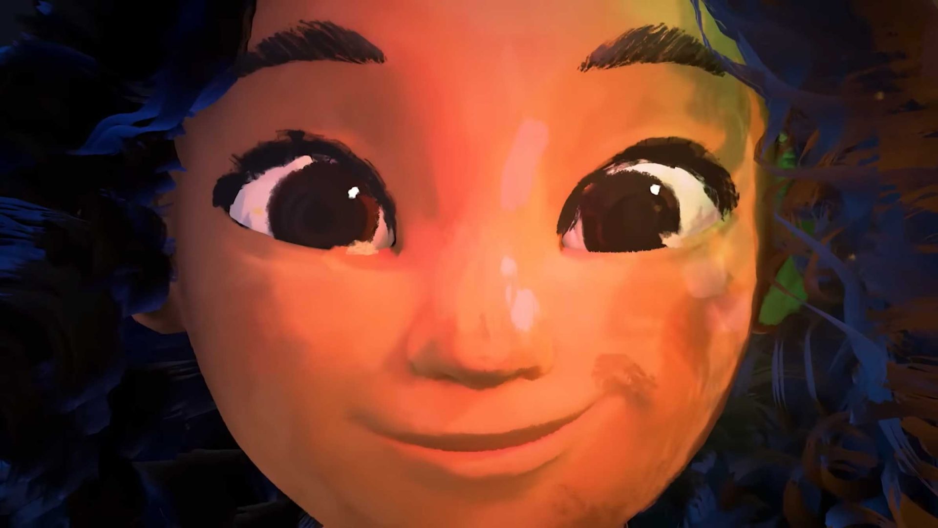 A close-up of an animated character’s face, with large expressive eyes, a small nose, and curly hair—rendered in a vibrant, painterly digital art style inspired by Art&Graft. Frame from Stash Magazine article.