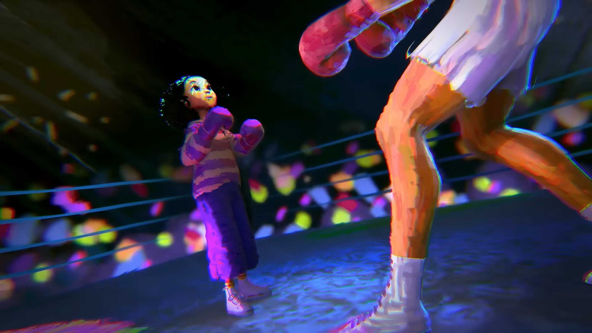 A young girl in purple clothing and boxing gloves stands in a boxing ring facing a much larger opponent, with colorful lights and a crowd in the background—a vibrant scene inspired by Kyra Bartley's Art&Graft style. Frame from Stash Magazine article.