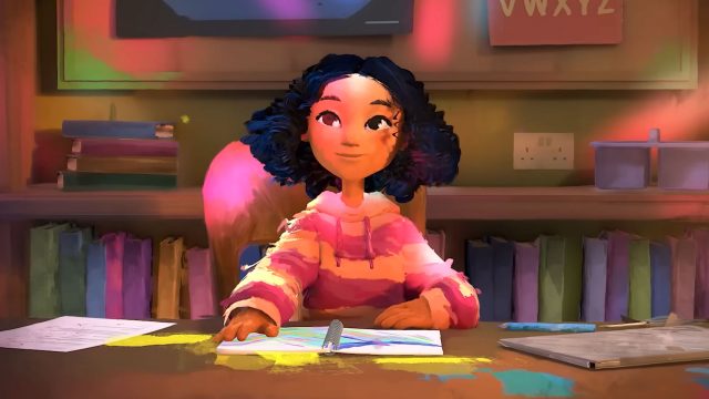 A girl with curly dark hair wearing a pink striped sweater sits at a desk, drawing with colored pencils. The warmly lit, colorful room—filled with books and papers—captures the spirit of Art&Graft’s creative world. Frame from Stash Magazine article.