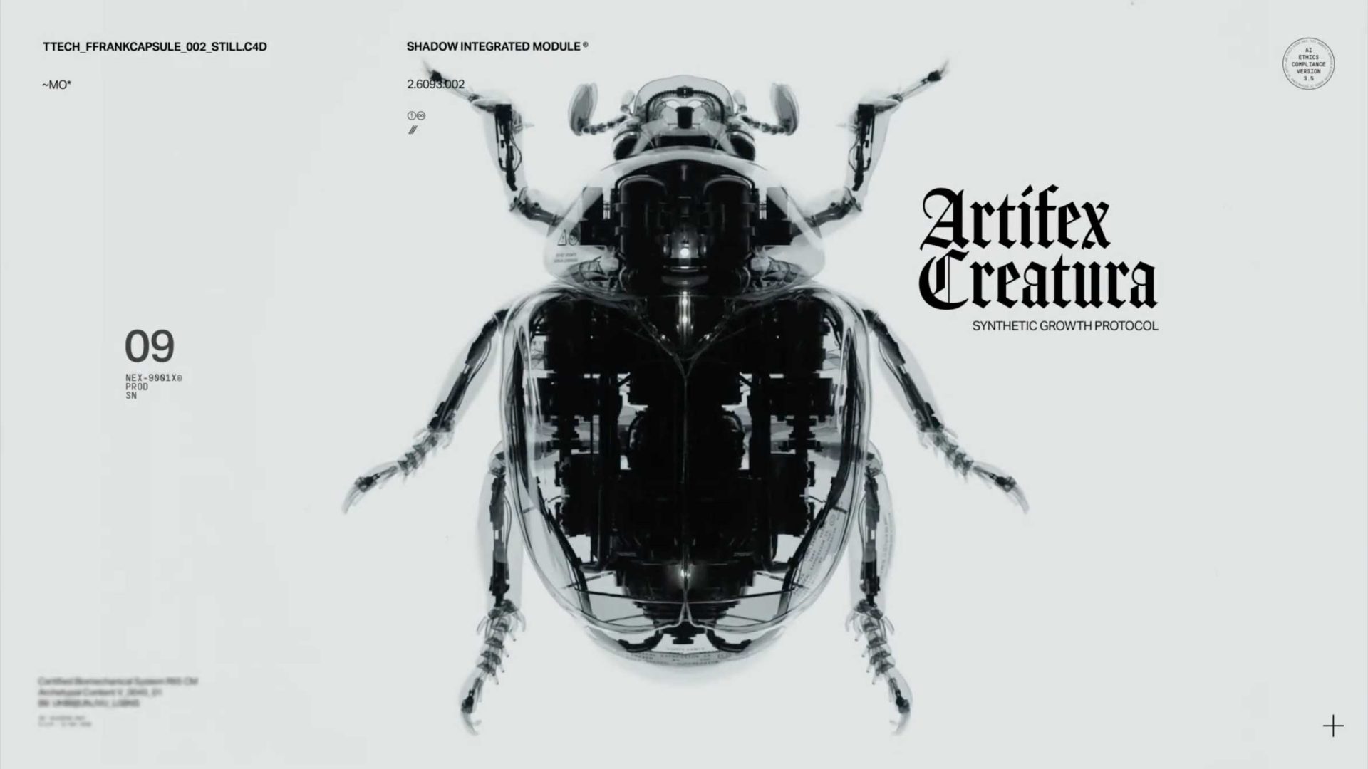 A stylized, high-contrast black and white illustration of a beetle, featuring text from “Artifex Creatura: Synthetic Growth Protocol” on the right, referencing the Artifex Creatura short film by Joan Moreno and FutureFrank amid technical details. Frame from Stash Magazine article.