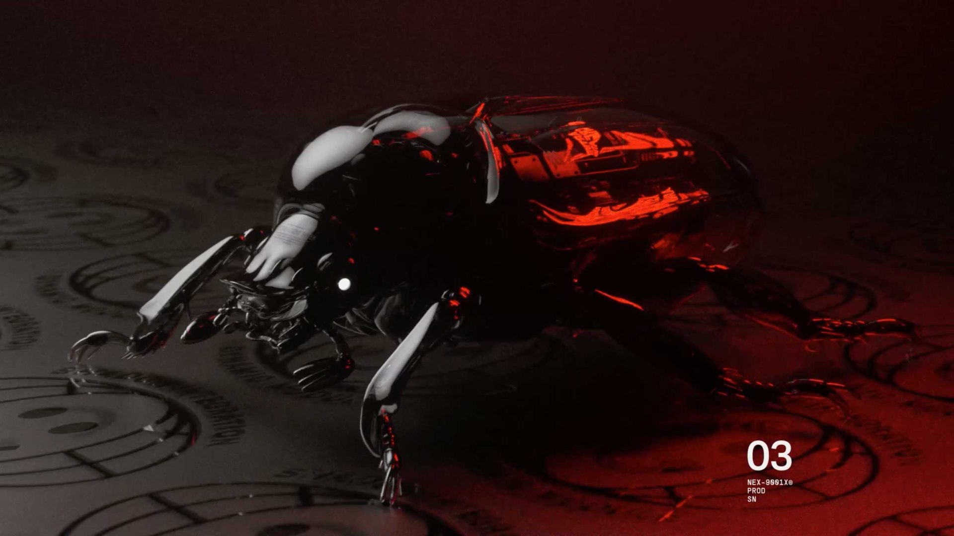 A glossy, futuristic beetle with metallic and translucent parts is illuminated by red light, standing on a surface patterned with circular designs. The number 03 and some text reference Artifex Creatura, a short film by Joan Moreno. Frame from Stash Magazine article.