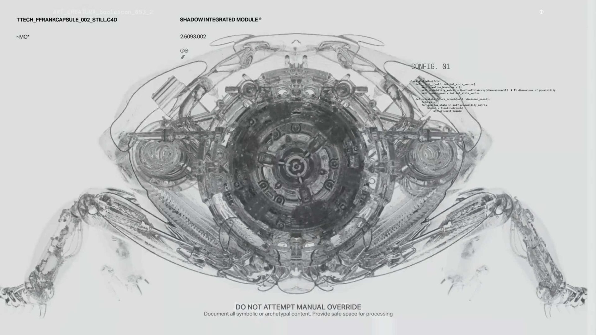 X-ray style illustration of a symmetrical, mechanical device with intricate inner gears and components, evoking a futuristic or robotic structure—an aesthetic reminiscent of the Artifex Creatura short film by Joan Moreno and FutureFrank. Text and labels overlay the image. Frame from Stash Magazine article.