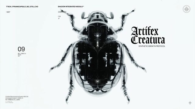 A high-contrast, black and white image of a symmetrical, mechanical insect with text reading “Artifex Creatura: Synthetic Growth Protocol,” inspired by the Artifex Creatura short film by Joan Moreno and FutureFrank, plus various technical labels on a white background. Frame from Stash Magazine article.