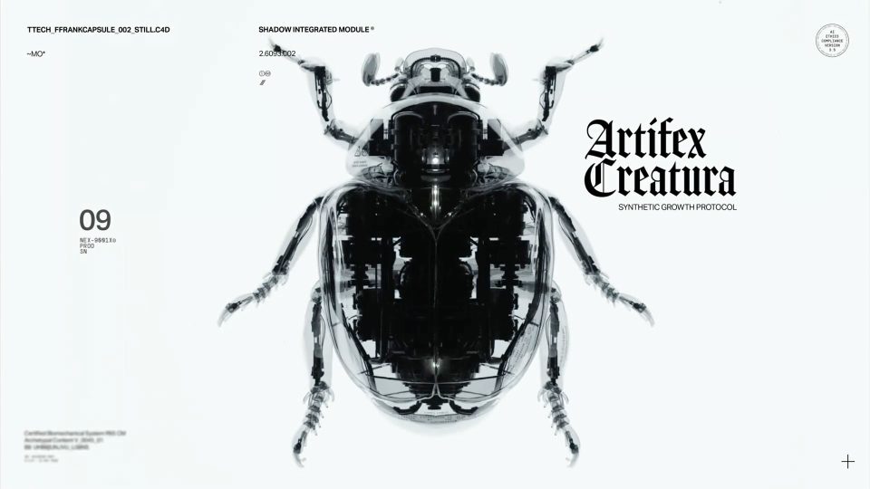 A high-contrast, black and white image of a symmetrical, mechanical insect with text reading “Artifex Creatura: Synthetic Growth Protocol,” inspired by the Artifex Creatura short film by Joan Moreno and FutureFrank, plus various technical labels on a white background. Frame from Stash Magazine article.