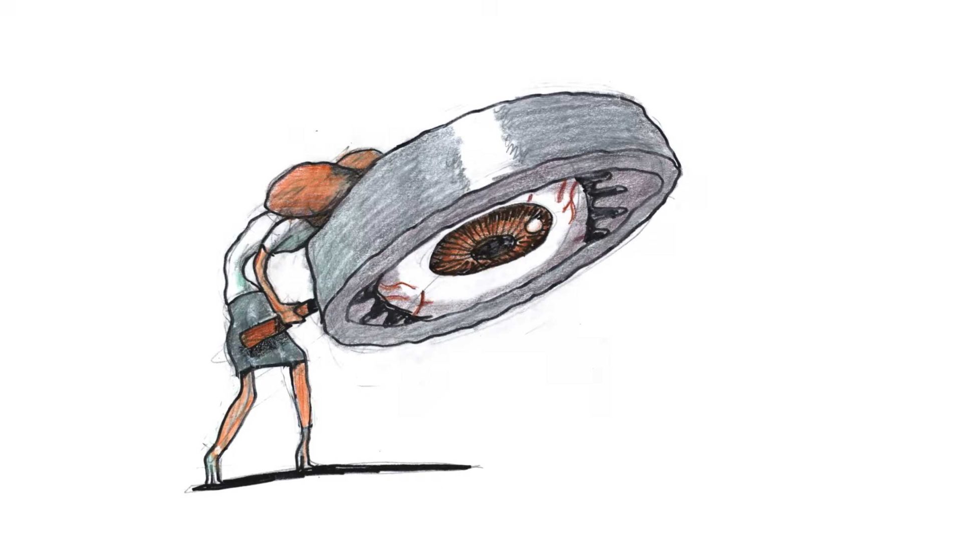 A Bill Plympton drawing of a woman struggling to push a giant, human-like eyeball in the Average Friends music video. Frame from Stash Magazine article.