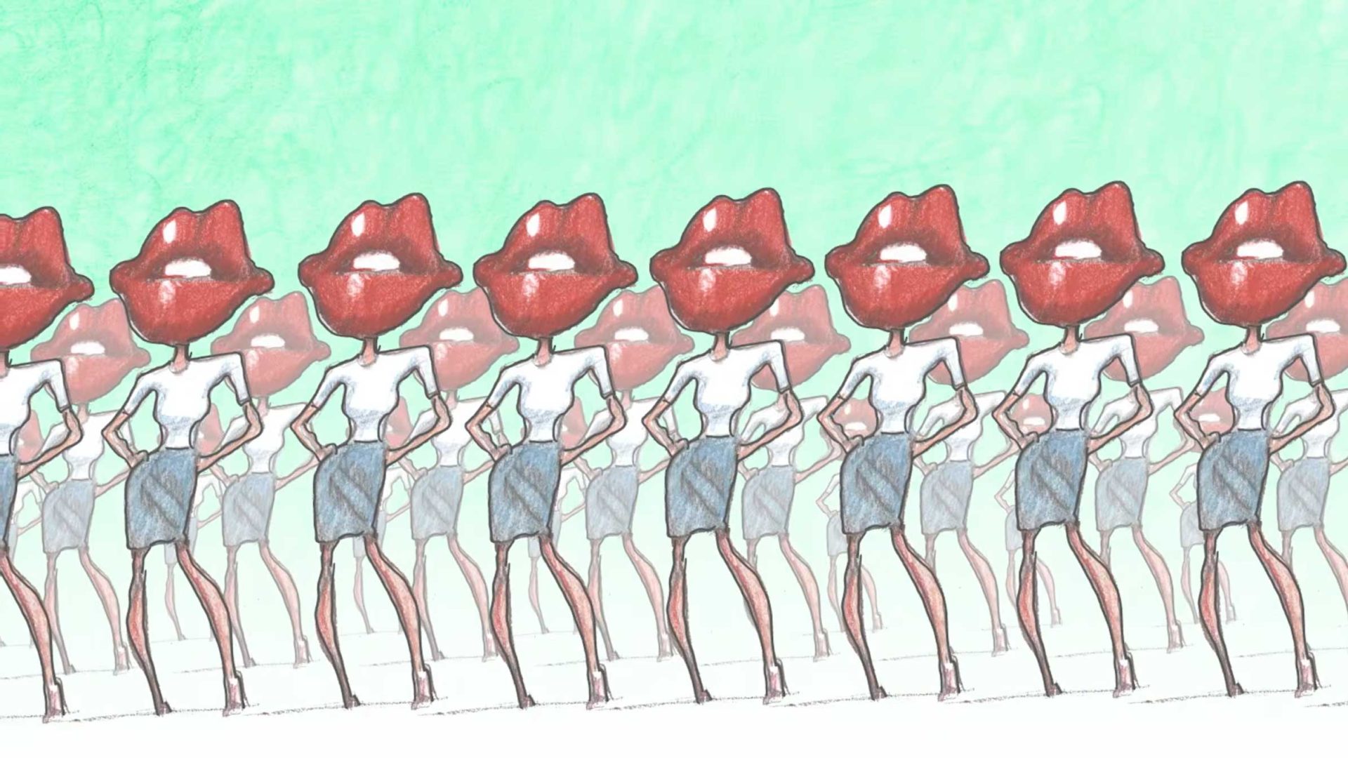 A repeating Bill Plympton-style illustration of figures wearing white shirts and blue skirts, each with a pair of large, red lips for a head. Frame from Stash Magazine article.