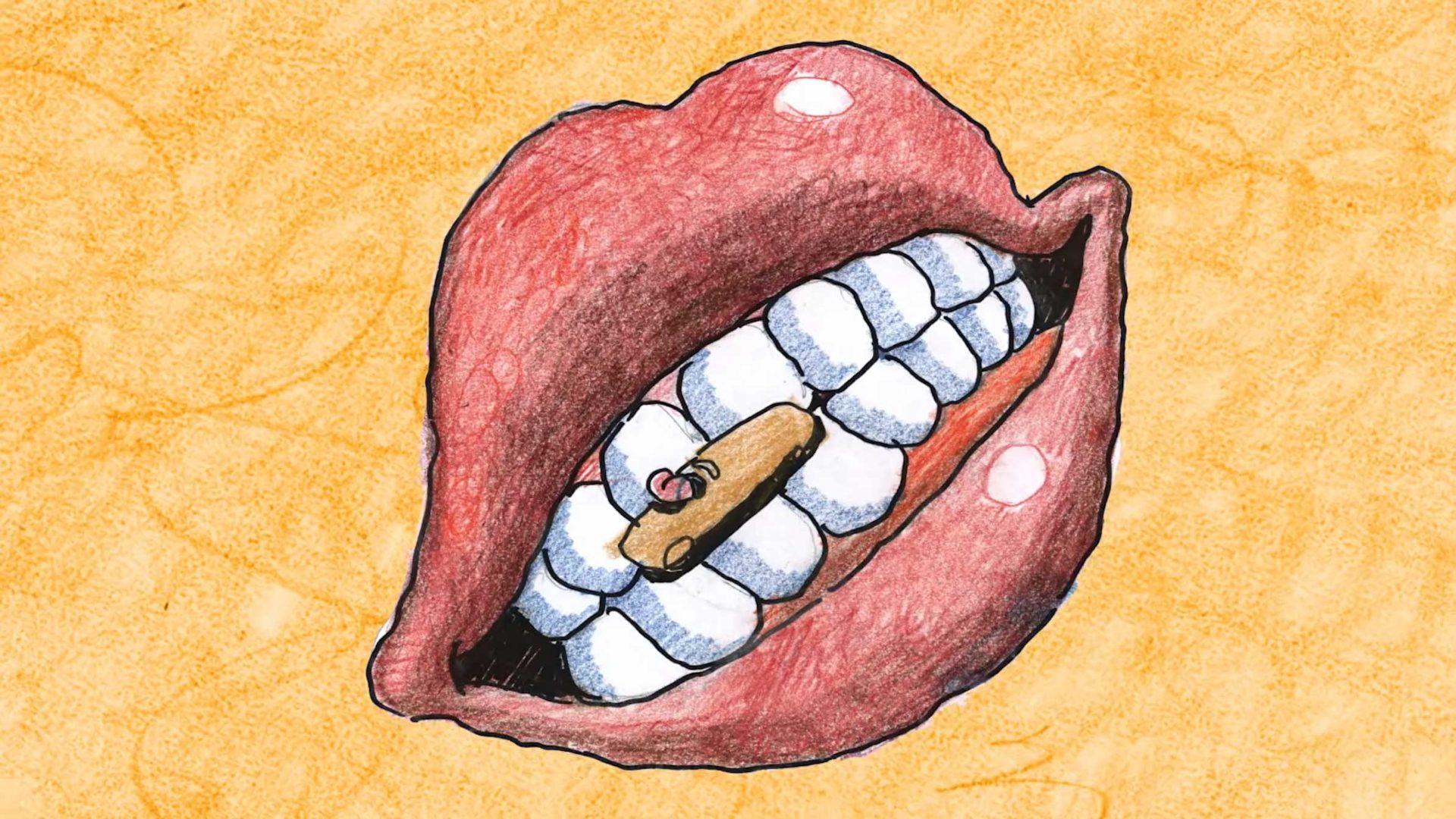 A Bill Plympton-style colored pencil drawing of a mouth with red lips and white teeth biting down on a brown pill. Frame from Stash Magazine article.