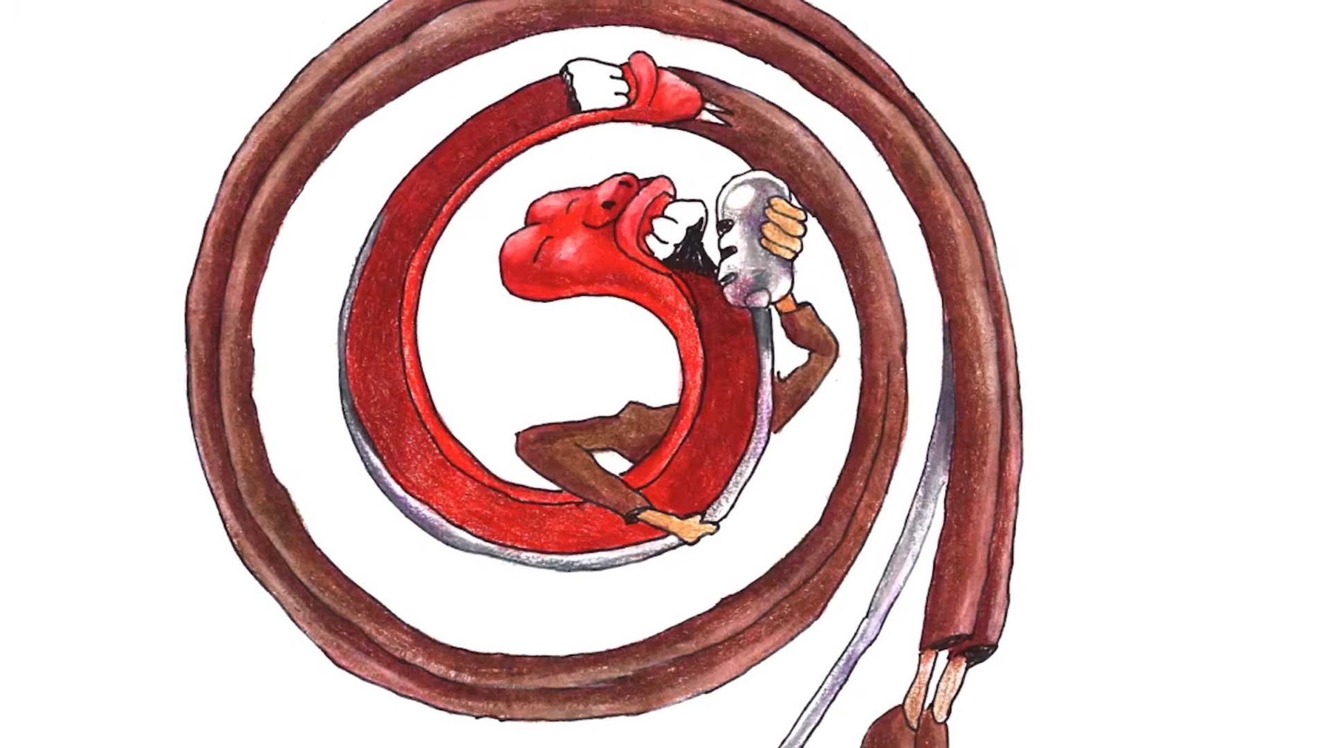 A Bill Plympton-style cartoon drawing of a person with a long red snake-like body coiled in a spiral, holding a vintage microphone and singing. Frame from Stash Magazine article.