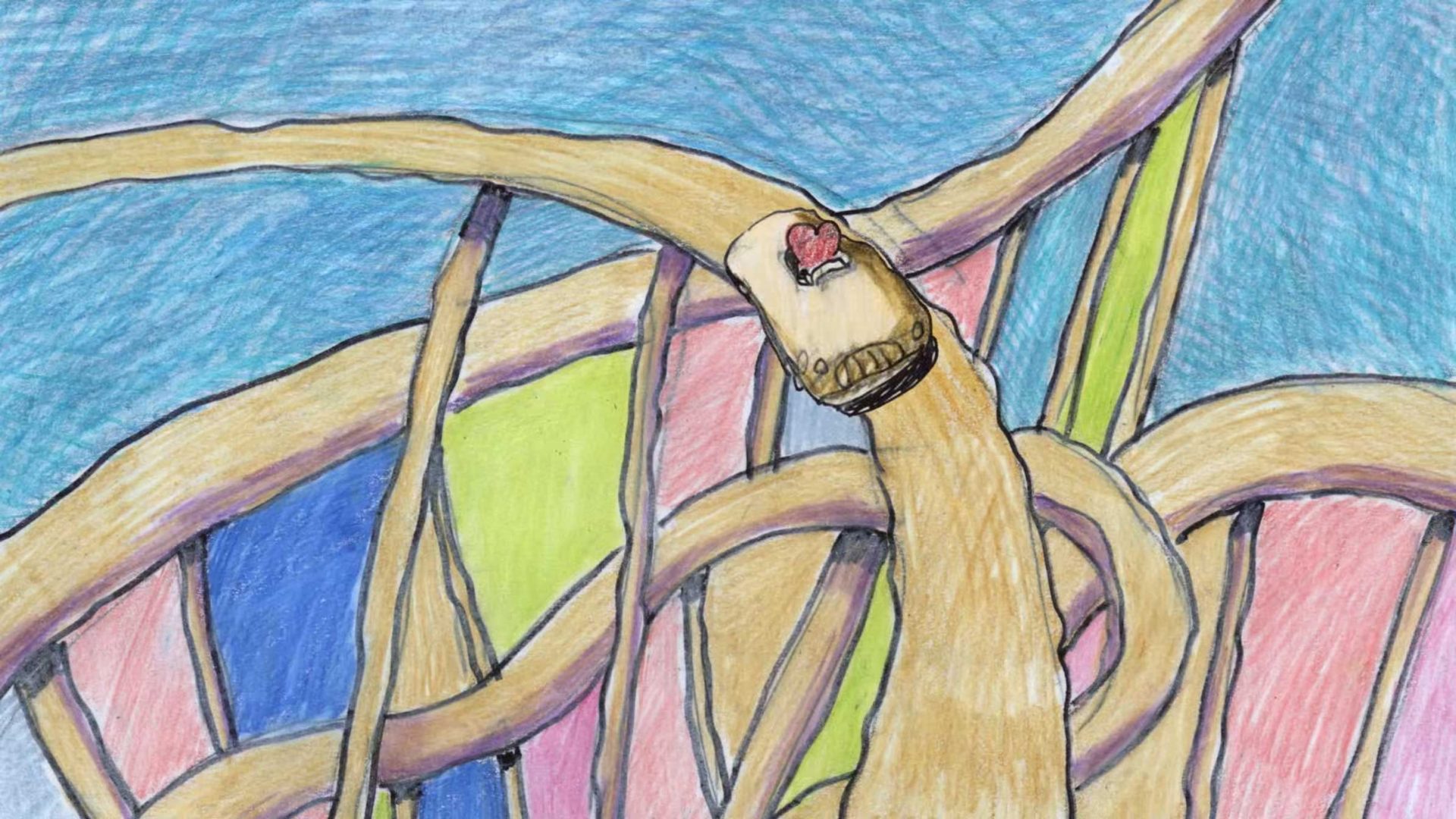 A colored pencil drawing of a roller coaster car with a small red heart icon at the top, traveling along a brown track against a blue, yellow, and pink geometric background in the style of Bill Plympton’s Average Friends music video. Frame from Stash Magazine article.