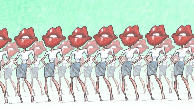 A stylized drawing from a Bill Plympton music video showing a line of figures wearing white tops and skirts, each with large red lips instead of a head. Frame from Stash Magazine article.