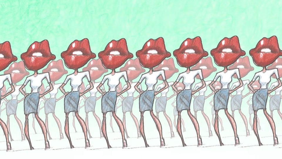 A stylized drawing from a Bill Plympton music video showing a line of figures wearing white tops and skirts, each with large red lips instead of a head. Frame from Stash Magazine article.