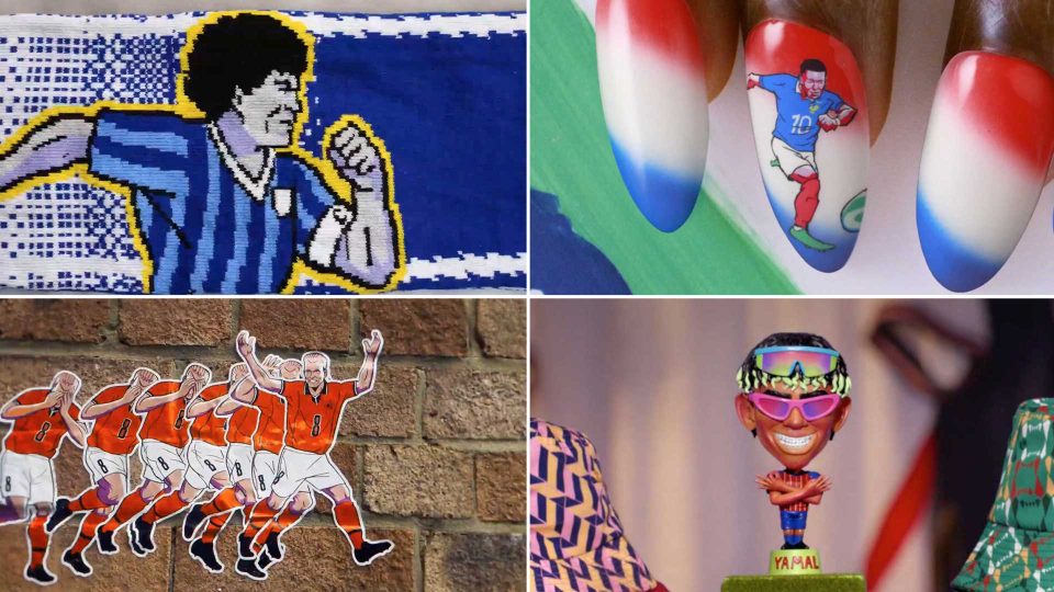 A collage featuring: an 8-bit style soccer player, nails painted with a footballer and red-white-blue gradient, orange soccer players art on a brick wall, and a smiling football bobblehead labeled YA MAAL—evoking Nicos Livesey animation for BBC World Cup. Frame from Stash Magazine article.