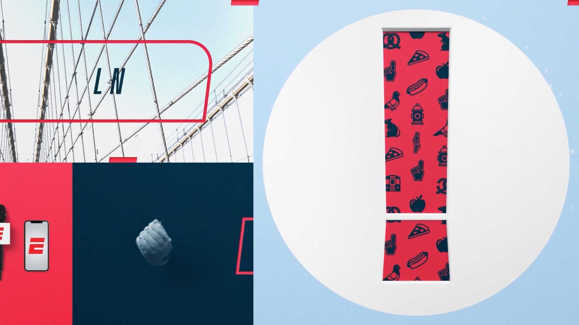 An exclamation point filled with red and blue city-themed icons, placed beside a divided background featuring a bridge, a smartphone, and a baseball, representing the BIGSTAR style seen on ESPN with Peter Schrager. Frame from Stash Magazine article.