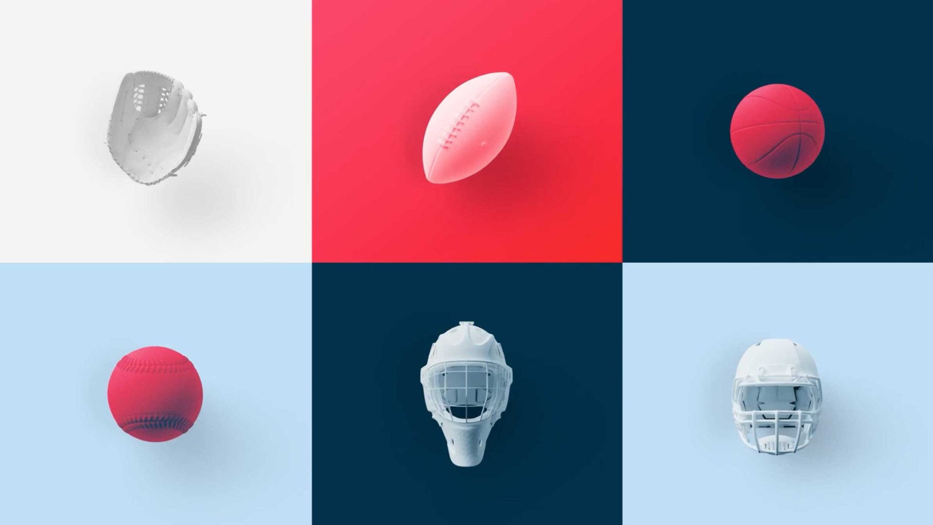 A grid of six squares showcasing sports equipment: a baseball glove, a football, a basketball, a baseball, a catcher’s mask, and a football helmet, reminiscent of a BIGSTAR ESPN segment. Frame from Stash Magazine article.