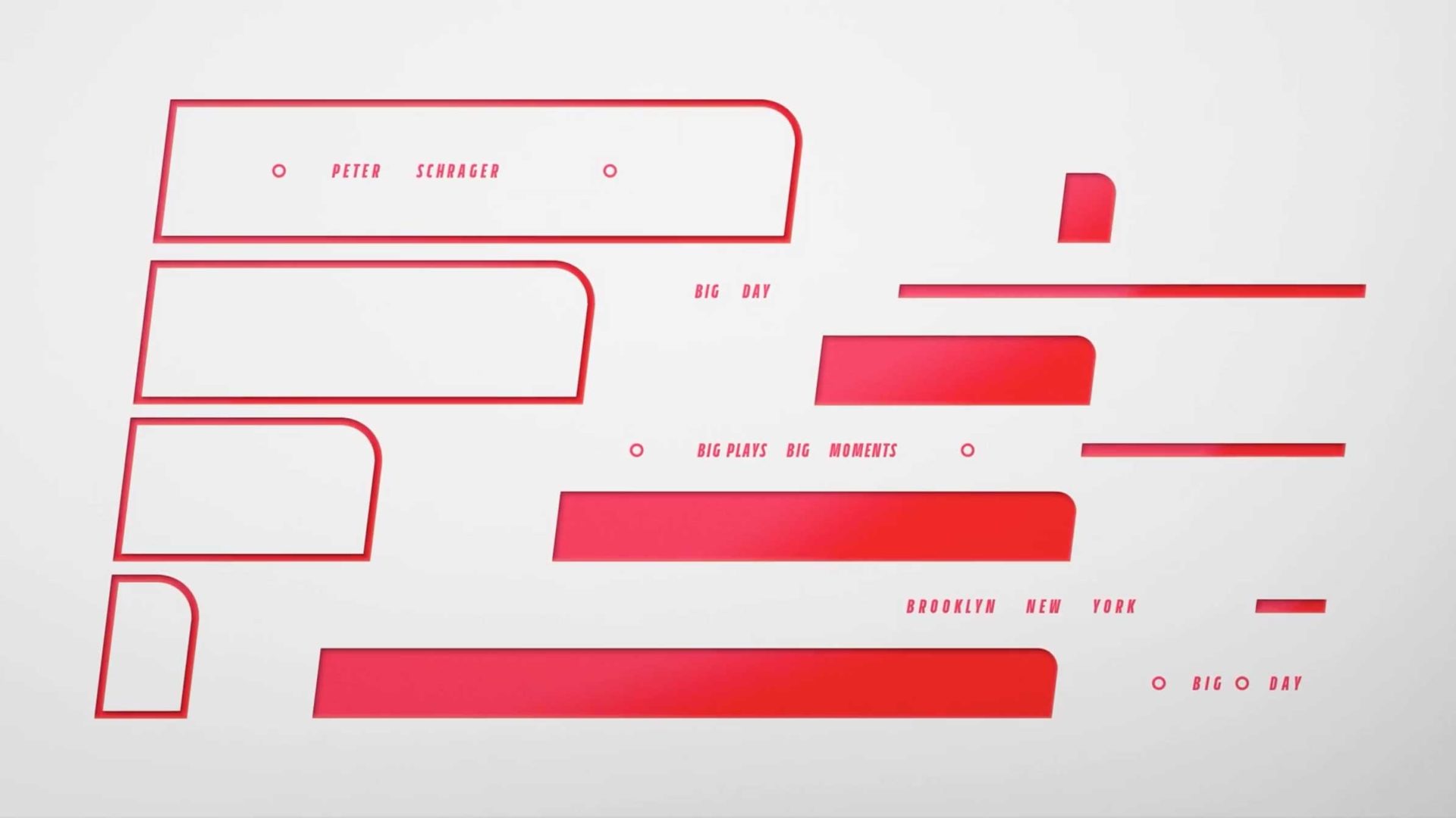 Graphic featuring red-outlined containers and bars with text for Peter Schrager, Big Day, Big Plays Big Moments, and Brooklyn, New York, in the style of ESPN BIGSTAR. Frame from Stash Magazine article.
