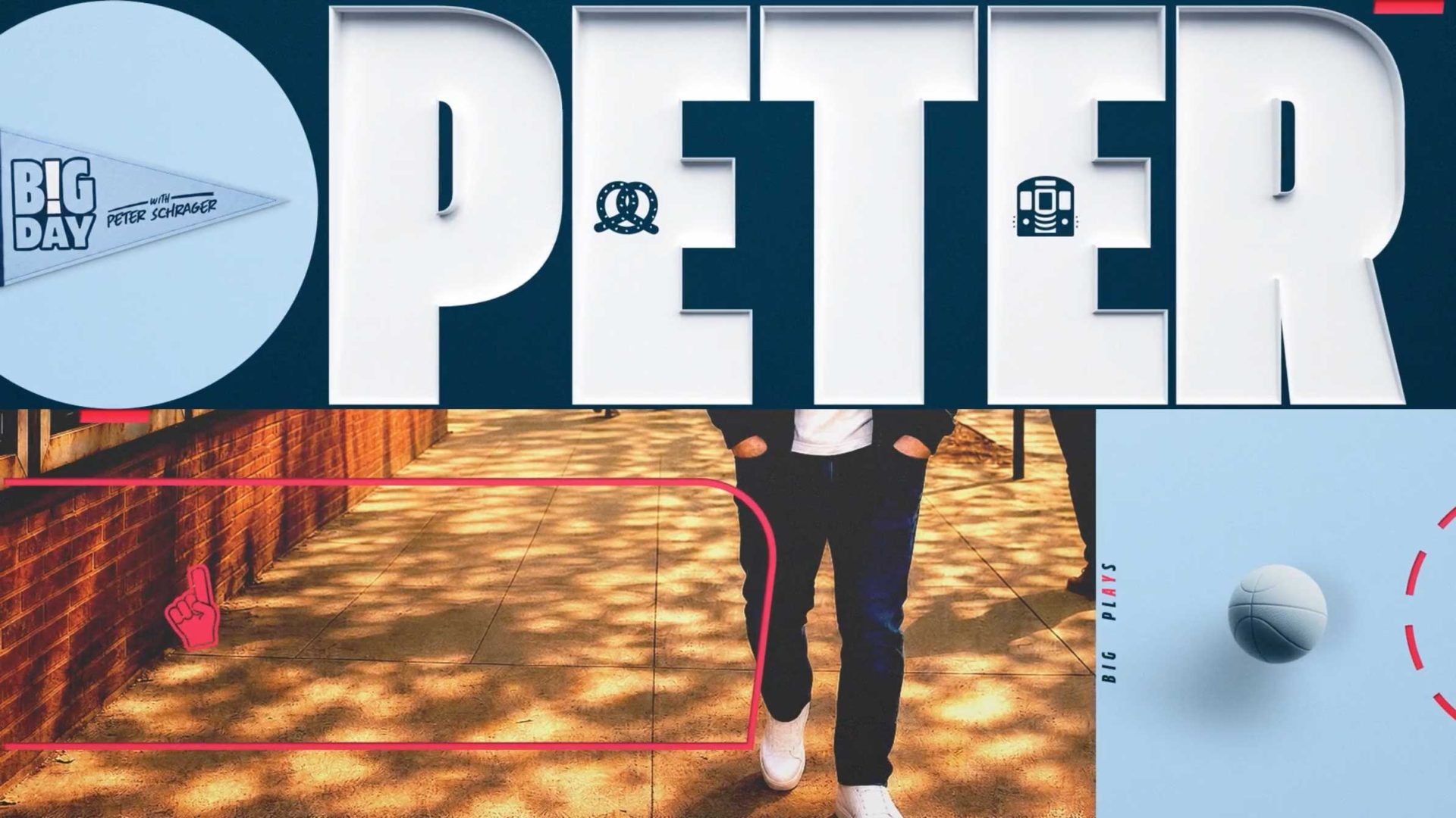 Big Day with Peter Schrager graphic featuring a large PETER text overlay with a pretzel, train, and basketball icon beside a person walking on a sidewalk, branding the ESPN series. Frame from Stash Magazine article.