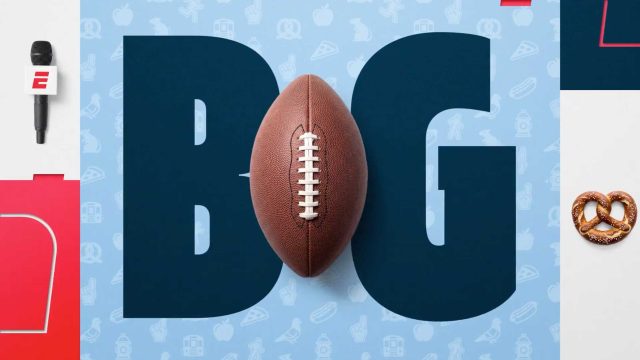 A football centered over the letters BIG for BIGSTAR Opens Big Day on a light blue patterned background, with an ESPN microphone on the left and a pretzel on the right. Frame from Stash Magazine article.