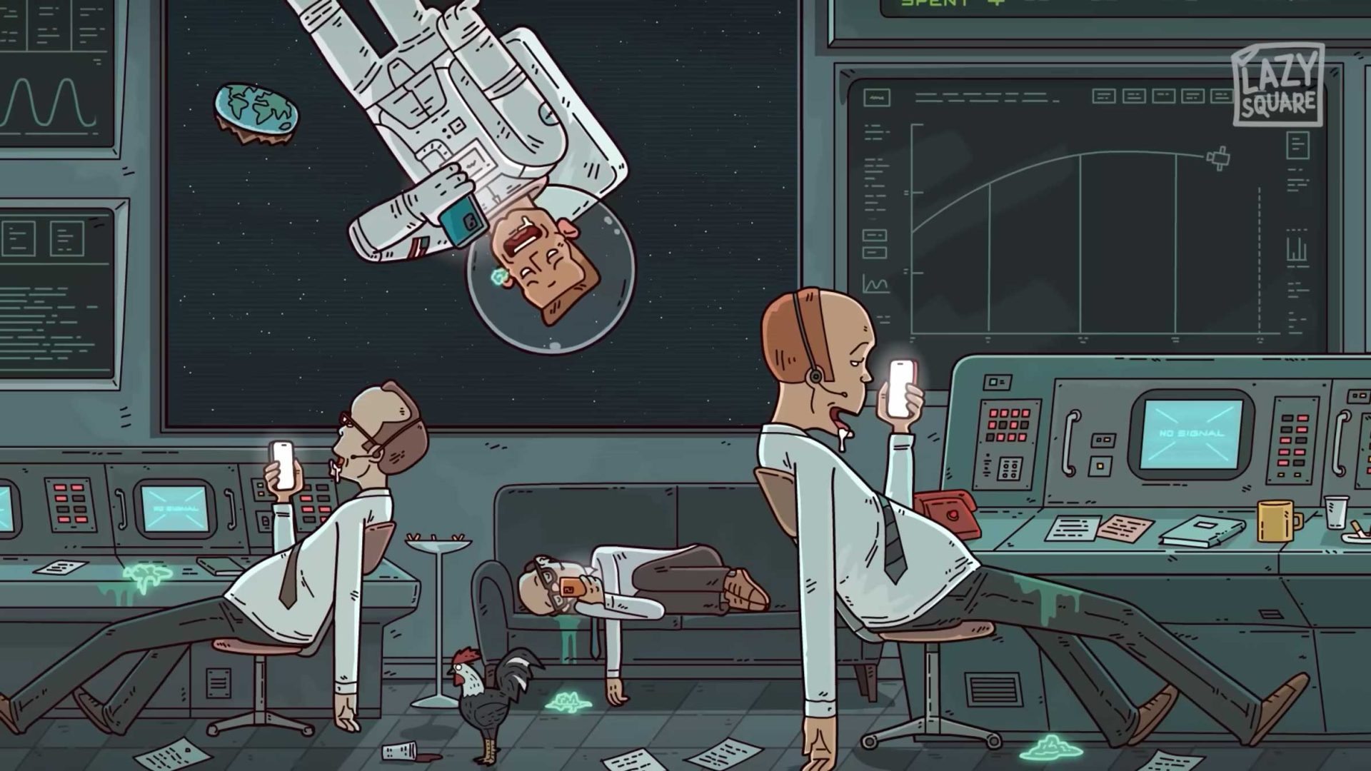 Four scientists and an astronaut float or slouch, sleeping among monitors, papers, and coffee cups in The Idiot Future is Now—a messy space station where BRAINROT sets in and a moon colony glows outside the window. Frame from Stash Magazine article.