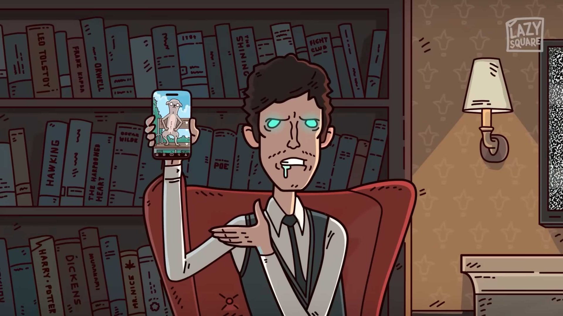 A cartoon man with glowing blue eyes and fangs sits in a red chair, holding up a phone displaying an image. He points to the phone labeled "BRAINROT." Behind him is a bookshelf with labeled books in Alex Semenov’s cozy, dimly lit room. Frame from Stash Magazine article.