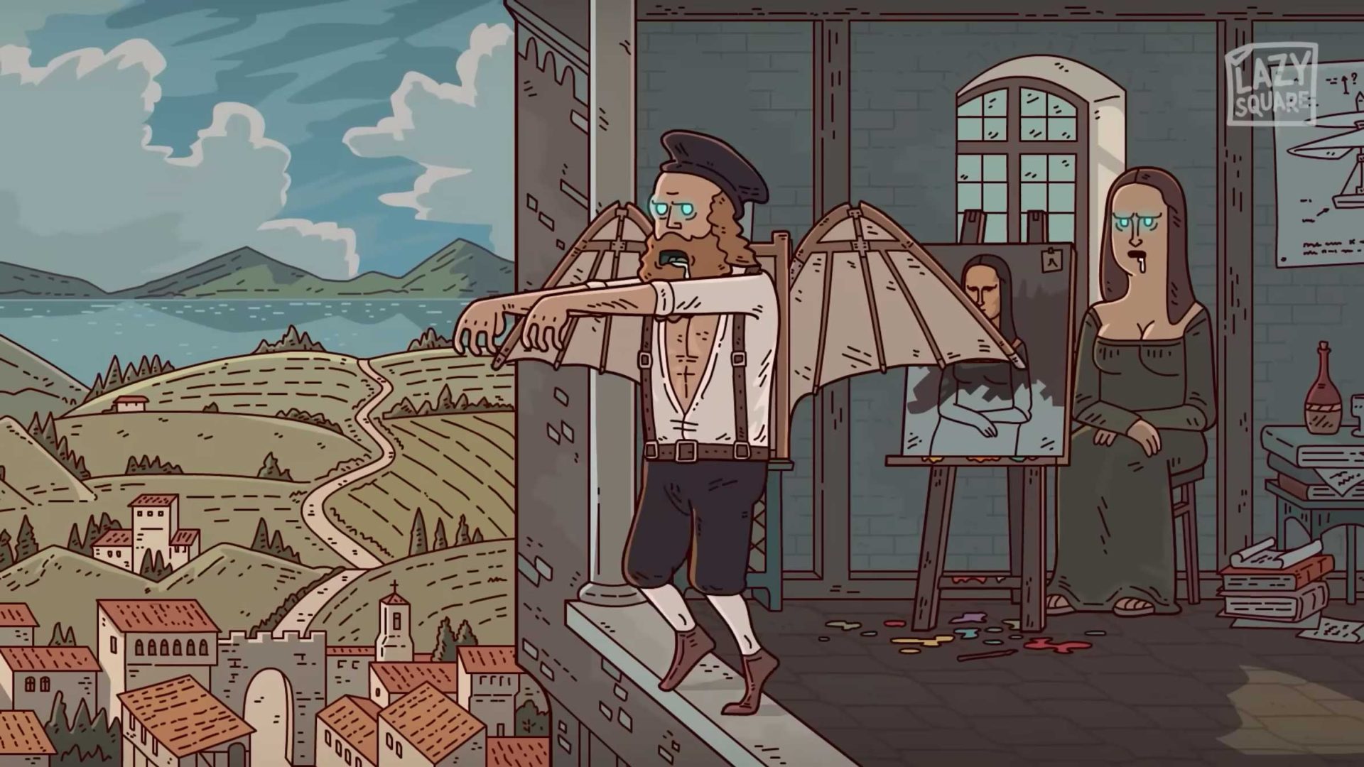 A man with mechanical wings stands on a ledge, preparing to jump off a tall building. Behind him, a woman paints the Mona Lisa. This cartoonish scene—echoing Alex Semenov’s BRAINROT—unfolds in a hilly countryside above a small village. Frame from Stash Magazine article.