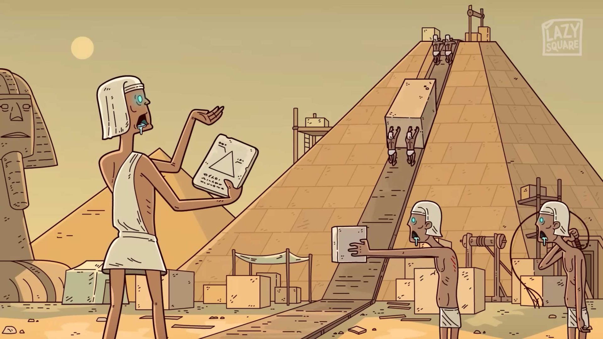 Cartoon by Alex Semenov of ancient Egyptians building a pyramid with conveyor belts and tablets, blending modern tech and history—an Idiot Future scene where workers haul massive stones up the pyramid, echoing BRAINROT themes. Frame from Stash Magazine article.