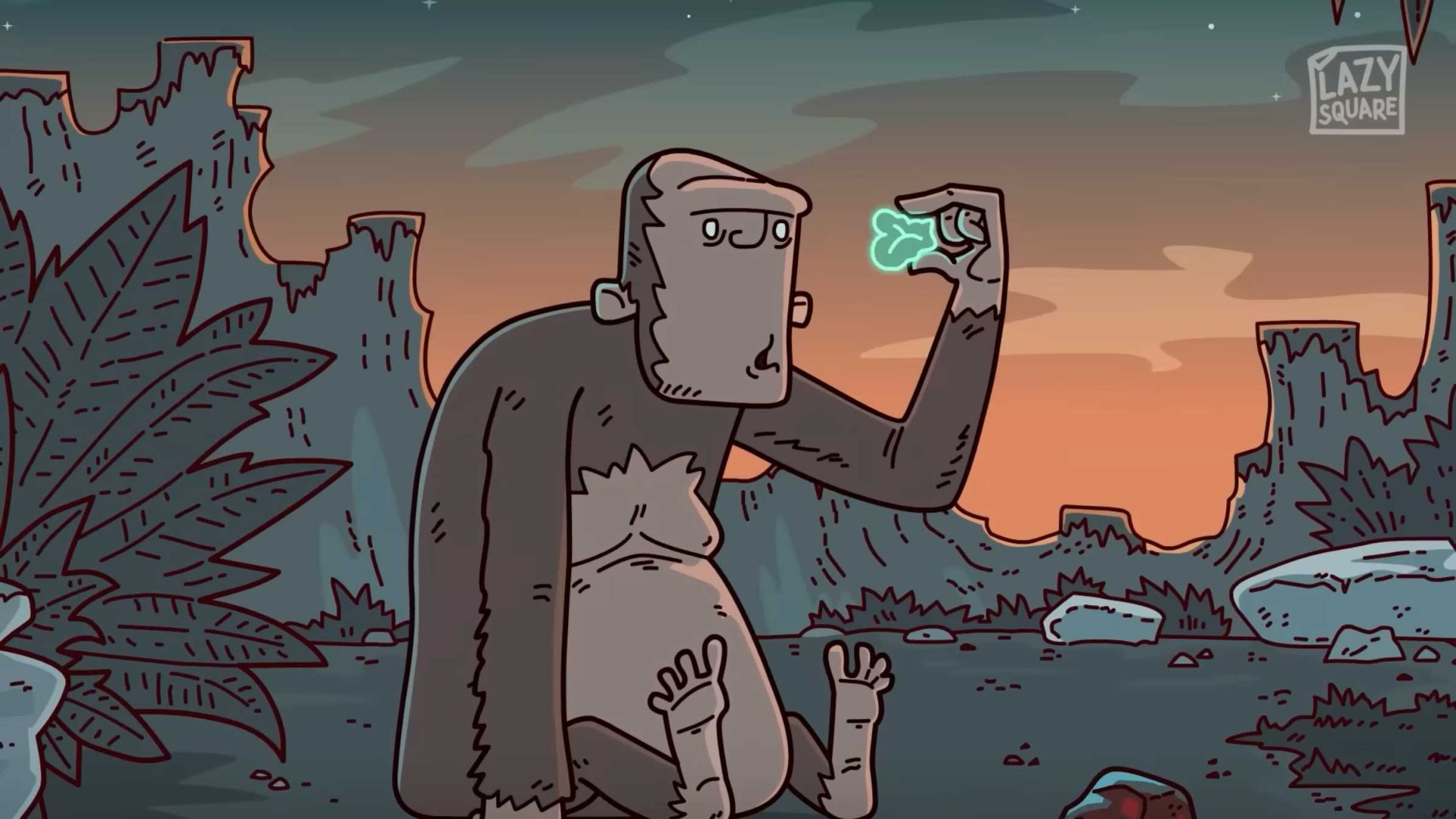 A cartoon ape sits on the ground at sunset, curiously examining a glowing object in its hand—a scene inspired by the BRAINROT short film by Alex Semenov starring Thomas Middleditch. The simple, humorous style highlights rocky terrain and distant mountains. Frame from Stash Magazine article.