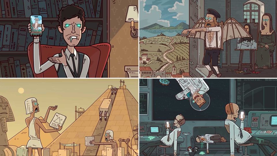 A collage of scenes from BRAINROT, a short film by Alex Semenov starring Thomas Middleditch: glowing blue-eyed man on his phone, winged man near a robot, robots building a pyramid, and space lab robots with a floating astronaut. Frame from Stash Magazine article.