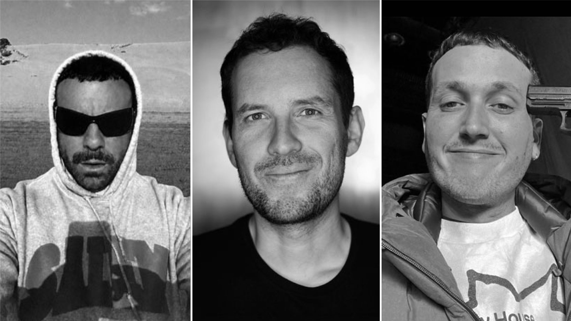 A collage of three directors in black and white: the first wears a hoodie and sunglasses outdoors, the second smiles at the camera with a dark background, and the third&mdash;Tom&aacute;s Pe&ntilde;a of BSWT Films&mdash;wears a jacket and smiles in soft light. Frame from Stash Magazine article.