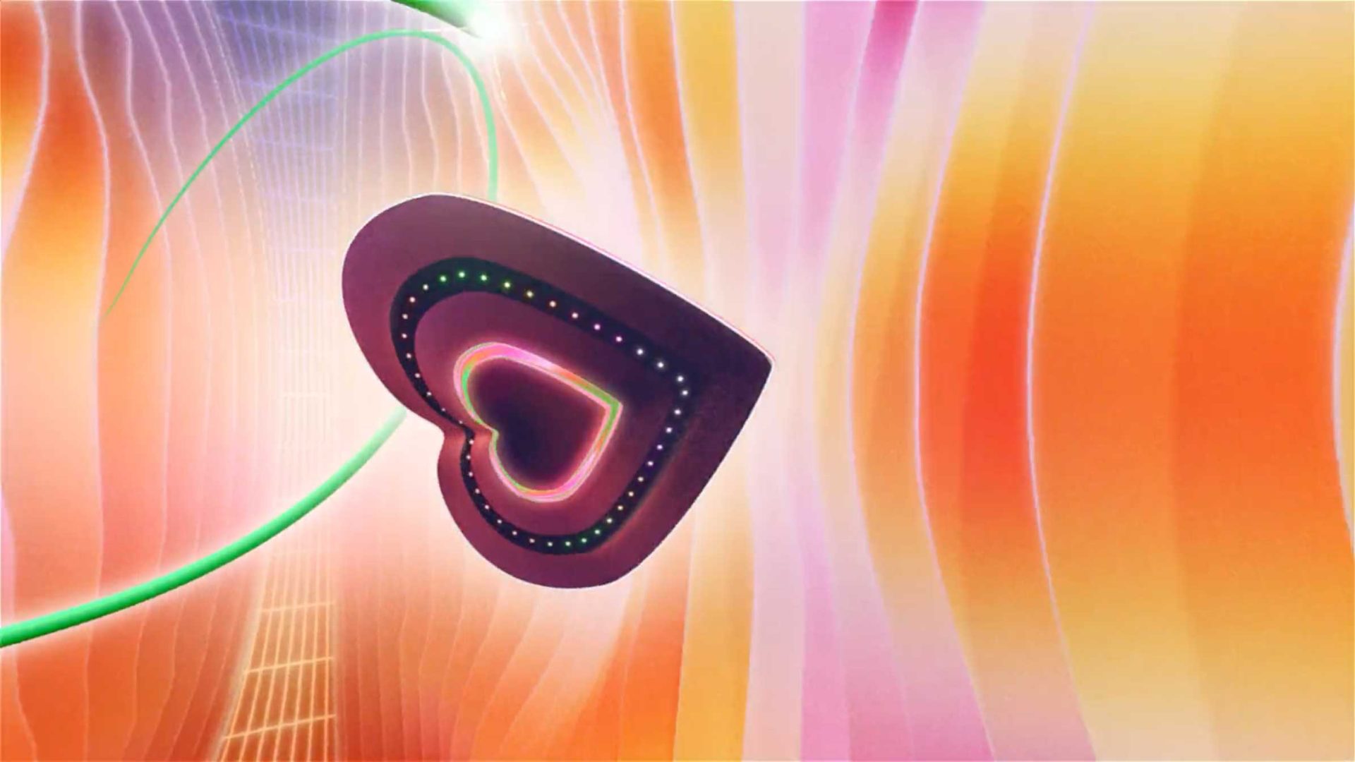 A 3D heart shape with LED-like lights floats in front of a vibrant, wavy background of orange, pink, and yellow hues. A green, glowing line curves through the scene, echoing how BUCK Follows the Flow for Spotify Mix Tools. Frame from Stash Magazine article.