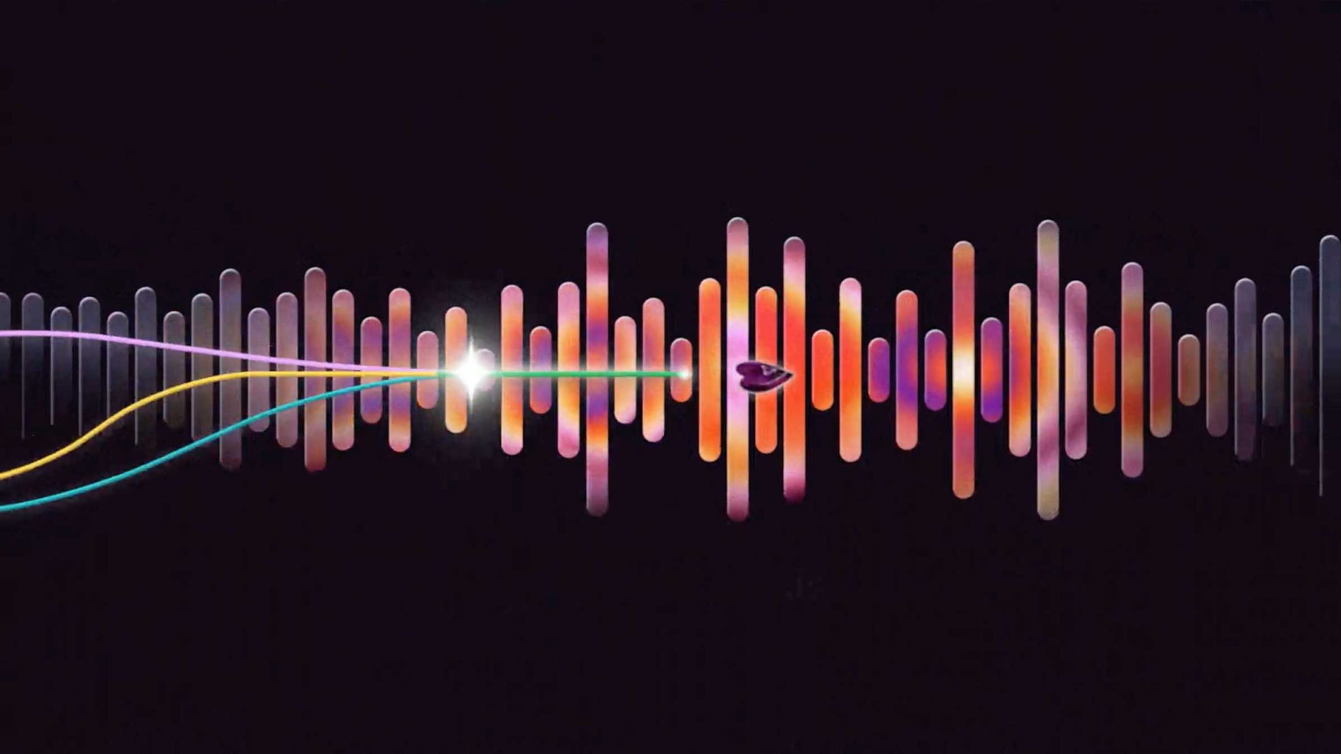 A stylized soundwave with colorful, vertical bars of varying heights on a dark background. Two curved lines intersect, with a small pair of lips suggesting sound—reflecting how BUCK Follows the Flow for Spotify Mix Tools. Frame from Stash Magazine article.