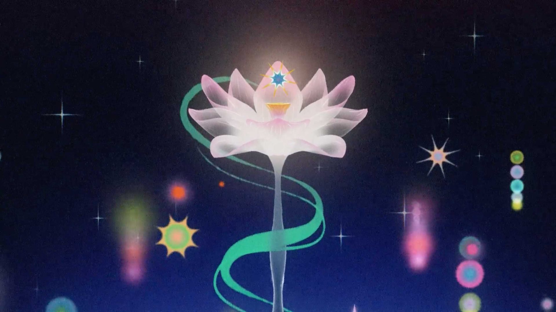 A glowing white lotus flower with an illuminated center floats against a dark background. Green tendrils spiral around its stem as colorful stars and orbs evoke the cosmic vibe of BUCK’s music flow, creating a mystical, otherworldly atmosphere. Frame from Stash Magazine article.