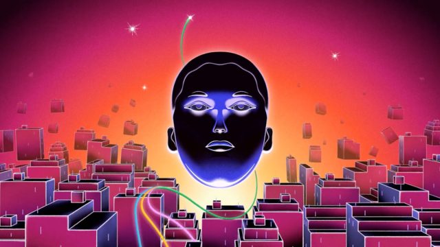 A glowing, stylized human face floats above a futuristic cityscape with abstract, geometric buildings as BUCK Follows the Flow for Spotify Mix Tools. A vibrant orange-pink gradient with stars and floating cubes creates a surreal, sci-fi atmosphere. Frame from Stash Magazine article.
