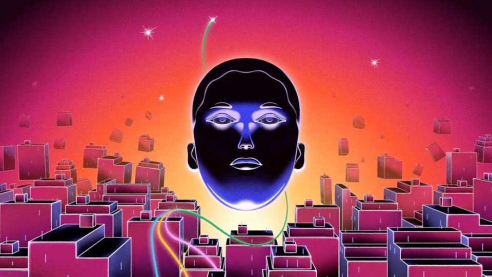 A glowing, stylized human face floats above a futuristic cityscape with abstract, geometric buildings as BUCK Follows the Flow for Spotify Mix Tools. A vibrant orange-pink gradient with stars and floating cubes creates a surreal, sci-fi atmosphere. Frame from Stash Magazine article.