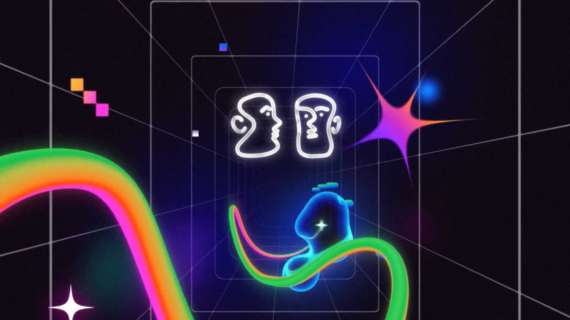 A digital artwork inspired by BUCK Follows the Flow for Spotify Mix Tools features two abstract face outlines in the center, colorful neon waves, a glowing star, and geometric shapes on a dark, grid-like background for a futuristic effect. Frame from Stash Magazine article.