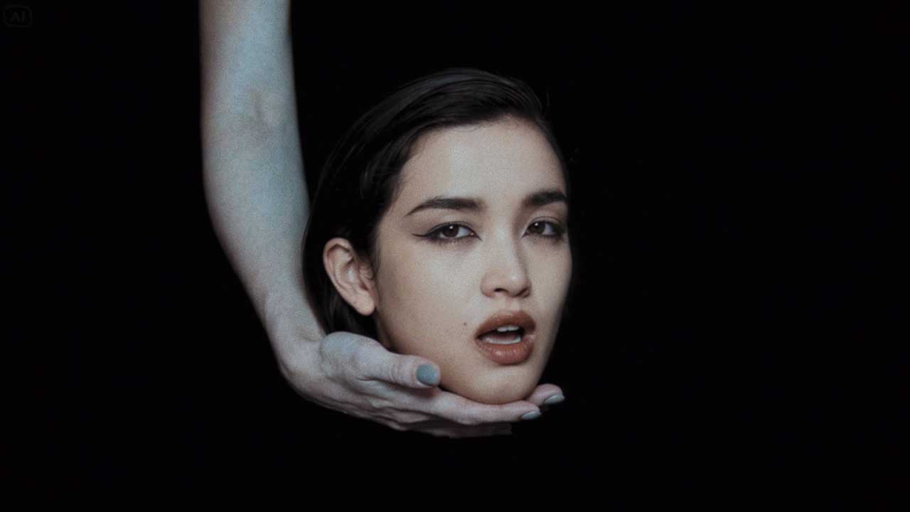 A hand with pale skin holds a woman's head against a black background. The woman's expression is neutral, and only her head is visible, creating a surreal, floating effect inspired by the enigmatic style of Sijin Liu. Frame from Stash Magazine article.