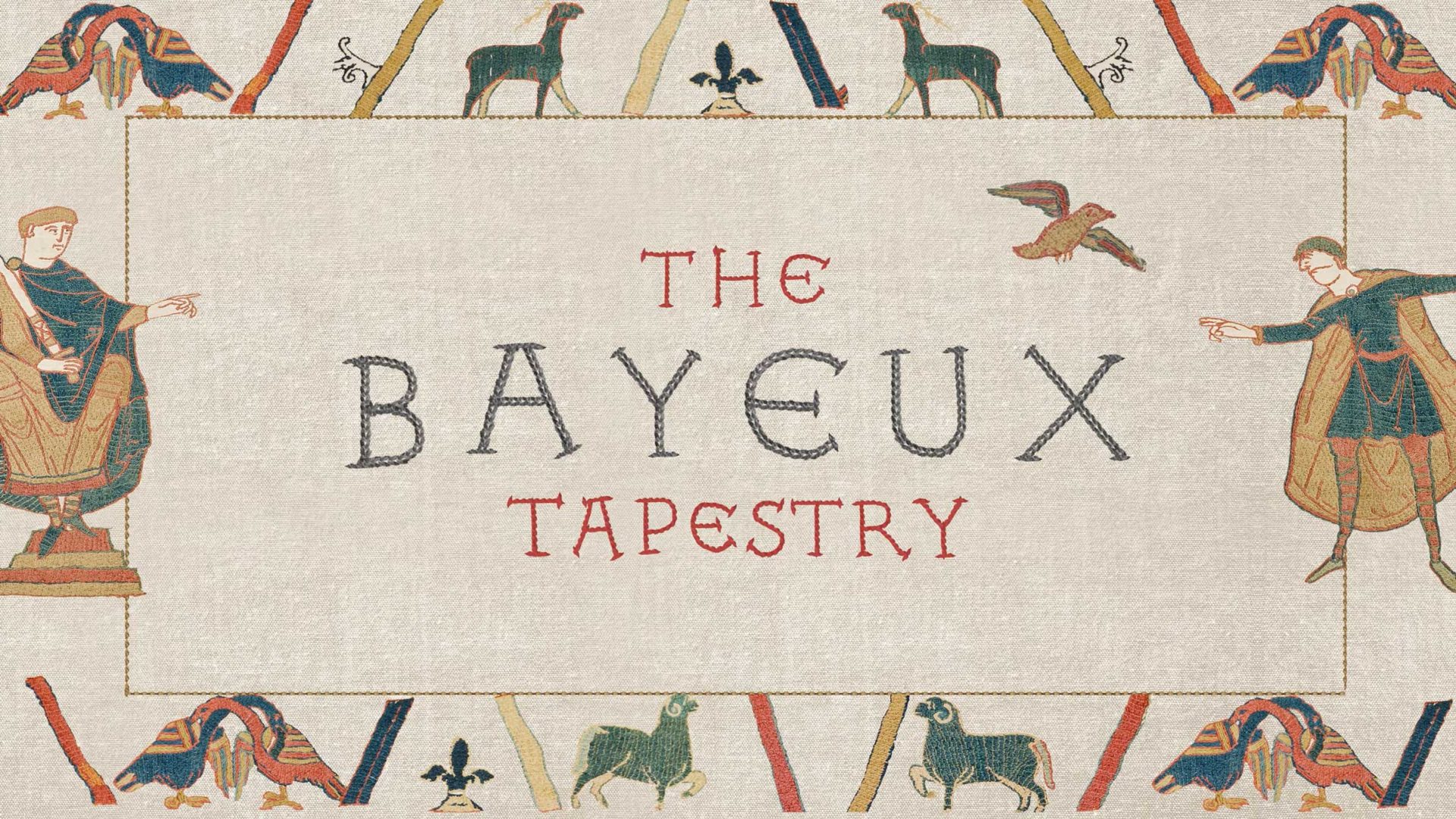 Illustrated text “The Bayeux Tapestry” with a medieval-style border featuring animals, scrolls, and two figures pointing inward, reminiscent of the historic embroidered artwork—imbued with a touch of magic that evokes the wonder and mystique found in tales of hocus pocus. Frame from Stash Magazine article.