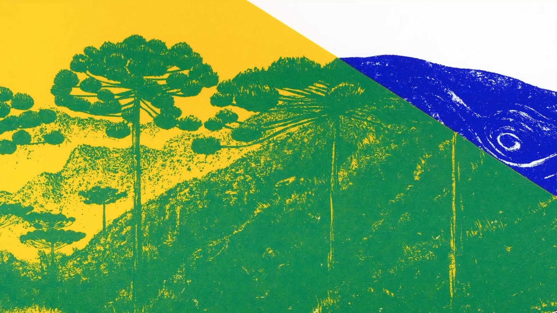 Stylized image inspired by the Brazilian flag, featuring green mountains and pine trees, a yellow sky on the left, and a blue triangular section with a swirling SOS Oceano pattern on the right. Frame from Stash Magazine article.