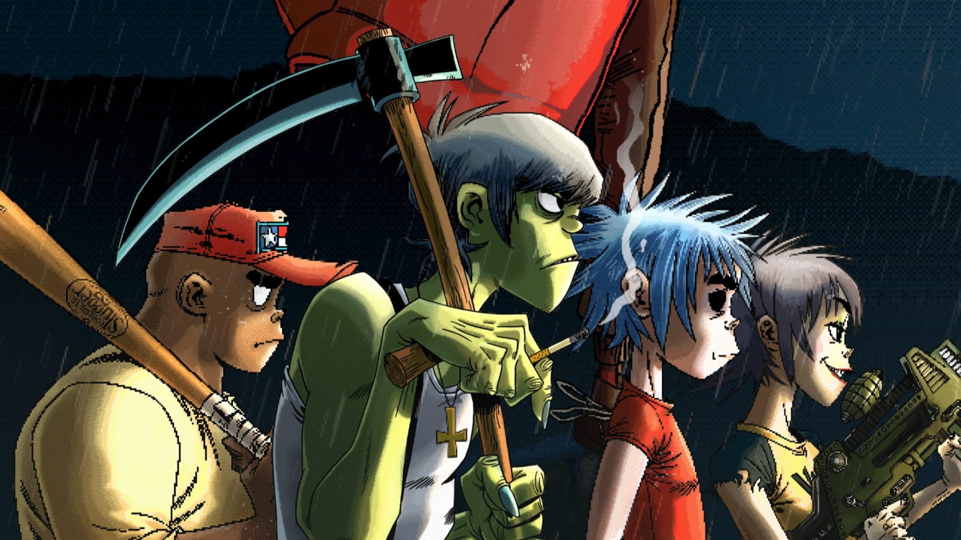 Four animated band members, created by the acclaimed Music Video Agency Blinkink, walk in the rain at night, each carrying a bat, scythe, flag, or rifle; the cartoonish style features dark, dramatic shading. Frame from Stash Magazine article.