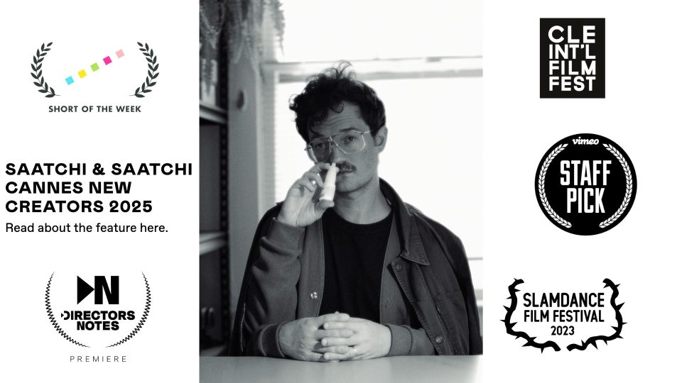 Blinkink director Johnny Look uses a nasal inhaler, surrounded by various film festival and award logos including Short of the Week, Cannes New Creators 2025, Vimeo Staff Pick, Directors Notes, and Slamdance Film Festival. Frame from Stash Magazine article.
