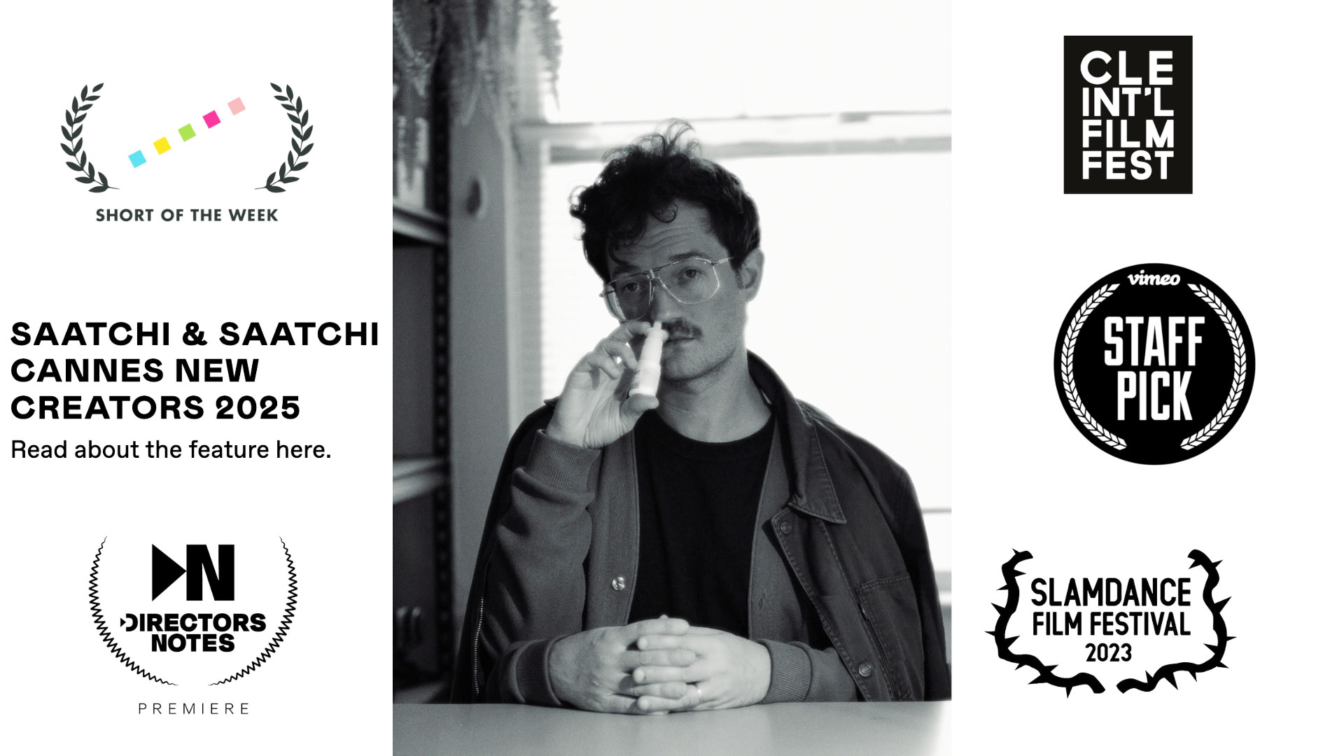 Blinkink director Johnny Look uses a nasal inhaler, surrounded by various film festival and award logos including Short of the Week, Cannes New Creators 2025, Vimeo Staff Pick, Directors Notes, and Slamdance Film Festival. Frame from Stash Magazine article.