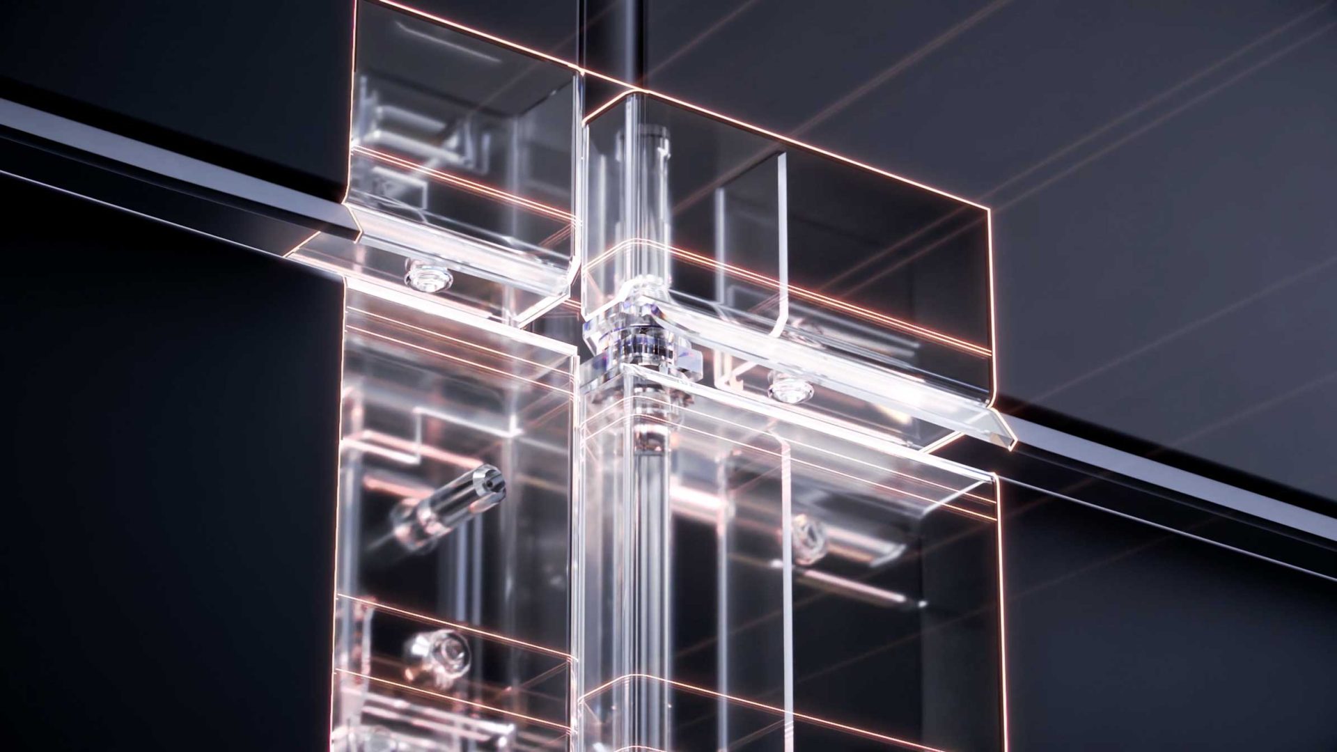 Close-up of a modern glass and metal architectural structure with reflective surfaces and intersecting transparent panels, illuminated by soft, glowing light and enhanced by striking depth of field. Frame from Stash Magazine article.