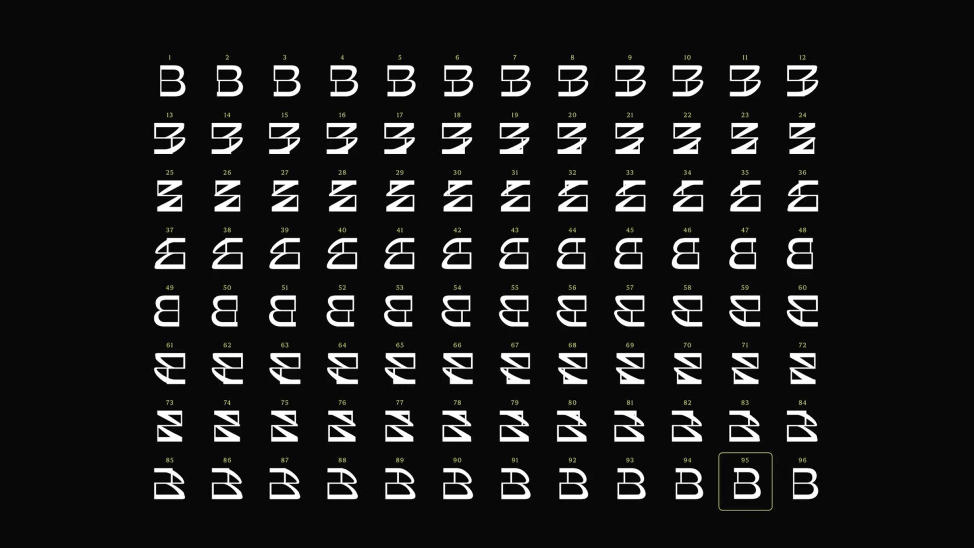 A grid of 90 white letter Bs on a black background, each with a unique geometric variation for bolder design & motion. The “B” in the bottom right corner is highlighted with a yellow outline, and each square is numbered from 1 to 90. Frame from Stash Magazine article.