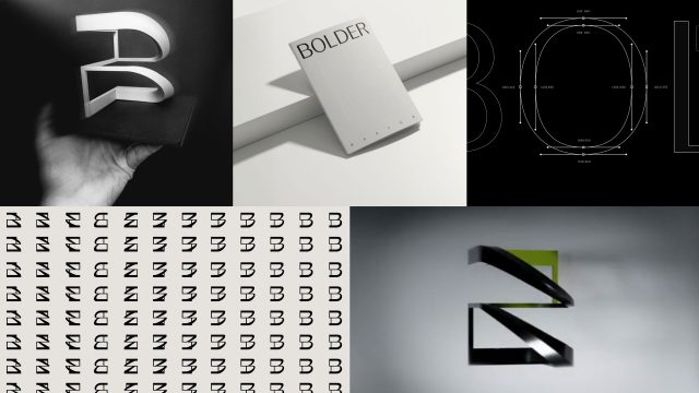 A collage of six images featuring a stylized B logo in various forms—including 3D models, a grayscale booklet labeled BOLDER, and technical drawings—highlights Bolder Creative Rebrands to Celebrate 20 Years of Design & Motion. Frame from Stash Magazine article.