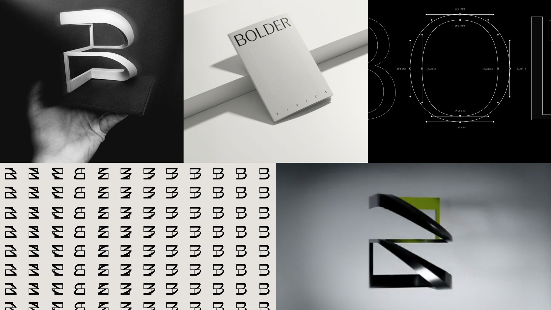 A collage of six images featuring a stylized B logo in various forms—including 3D models, a grayscale booklet labeled BOLDER, and technical drawings—highlights Bolder Creative Rebrands to Celebrate 20 Years of Design & Motion. Frame from Stash Magazine article.