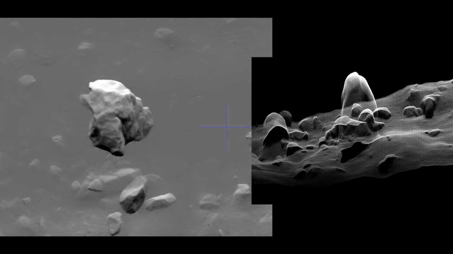 A grayscale composite image inspired by the Bonobo "Me And You" music video shows irregularly shaped rocks floating in space on the left, while the right side displays a 3D render of rocky, uneven terrain with large, dome-like structures. Frame from Stash Magazine article.